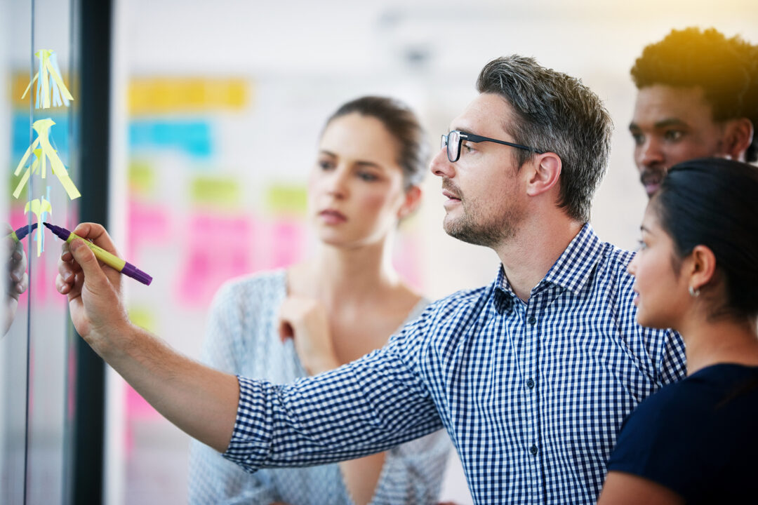 Collaboration, brainstorming and team building or design a creative idea together in meeting